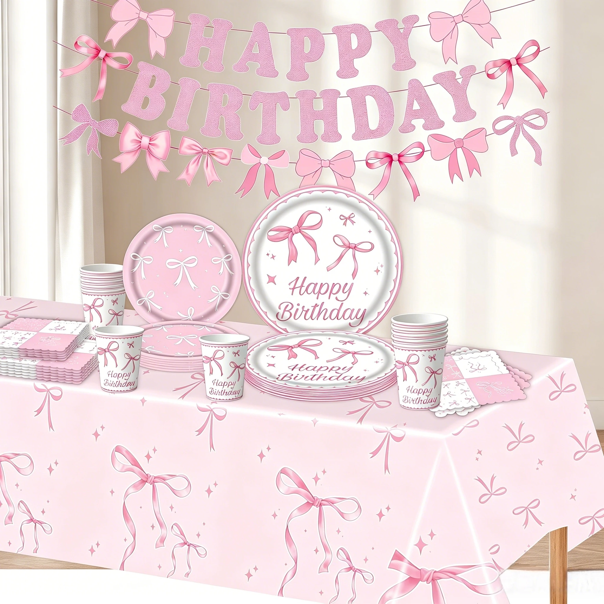 Rosa Schleife Partyzubehör Rosa Geschirr Tassen Teller Tischdecke für Mädchen Geburtstagsdekorationen Babyparty Dekore Kinderbevorzugungsgeschenke – Detail 2