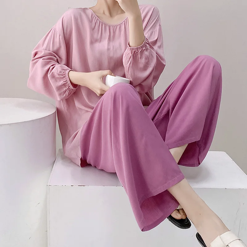 Women's Senior Simple Pajamas Suit Contrast Color Long Sleeves Wide Leg Pants Spring Top Pajamas Homewear Loose Outer Wear