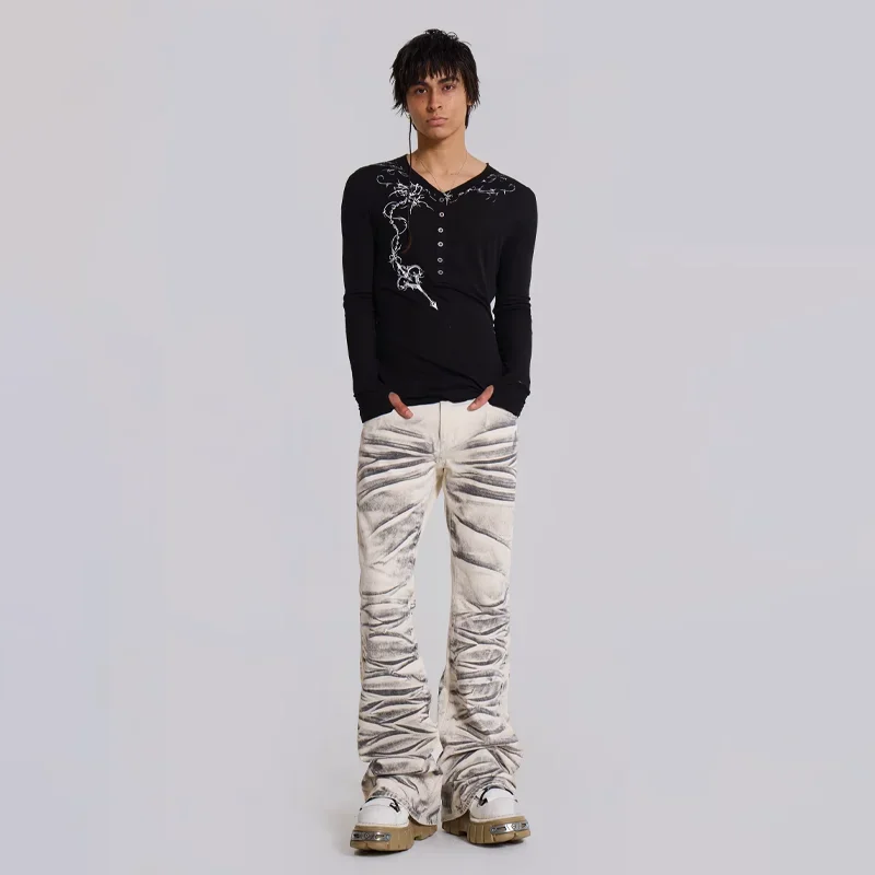 Y2K Arctic White Drift Flared Trompet Jeans Retro Gewassen High Street Hip Hop Wijde Pijpen Broek Gothic Slim Fit Unisex Trompet Jeans