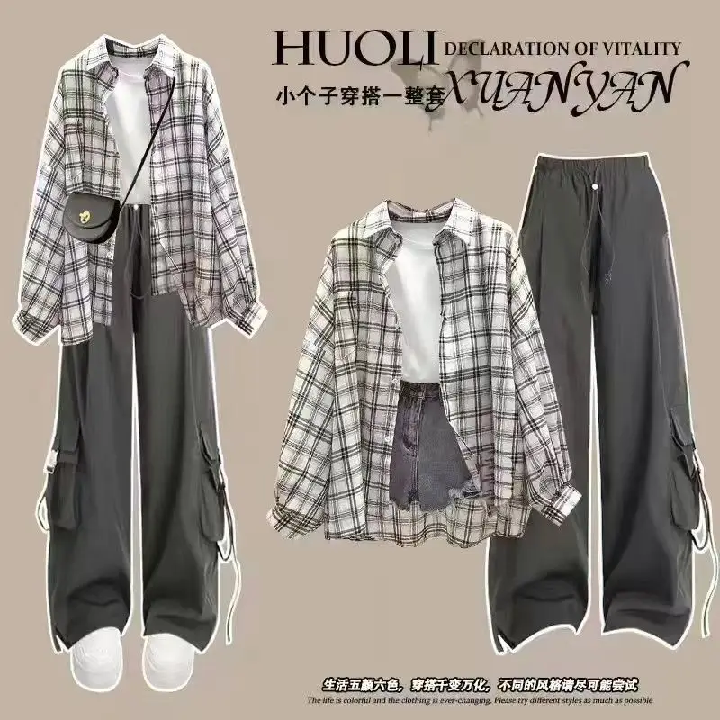 Spring and Autumn Women's Loose Long Sleeve Checkered Sunscreen Shirt+Short Sleeve T-shirt+Work Pants 3-Piece Set