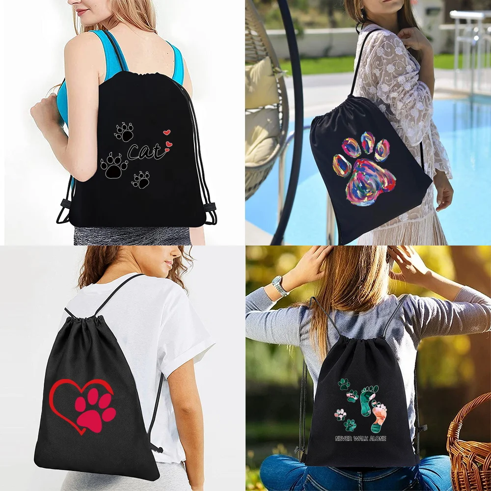 

Backpacks Women Travel Casual Canvas Drawstring Double Shoulder Bags Men Sports Gym Knapsack Footprints Print Backpack Organizer