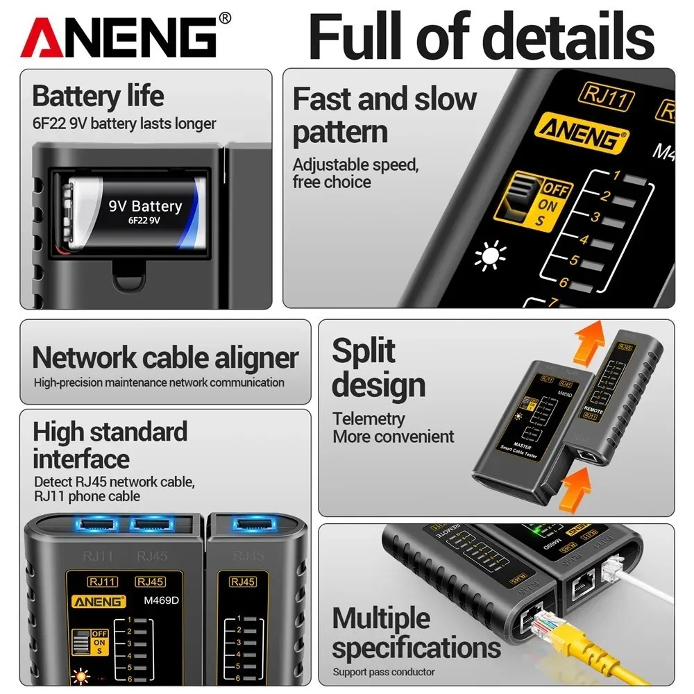 Network Line Tester Tool  ANENG M469D Cable Tester RJ45 RJ11