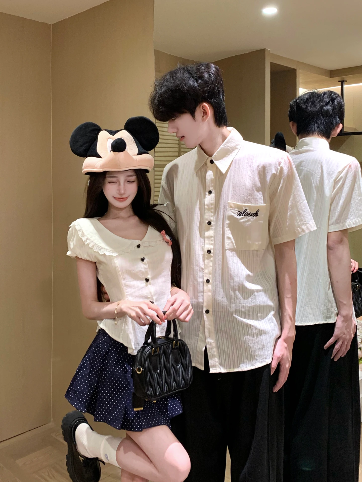 

Couple's Summer 2026 Short Sleeve Checkered Shirt And Polka Dot Skirt Set Waist-Cinched Salted Milk Tea Top Quality Material