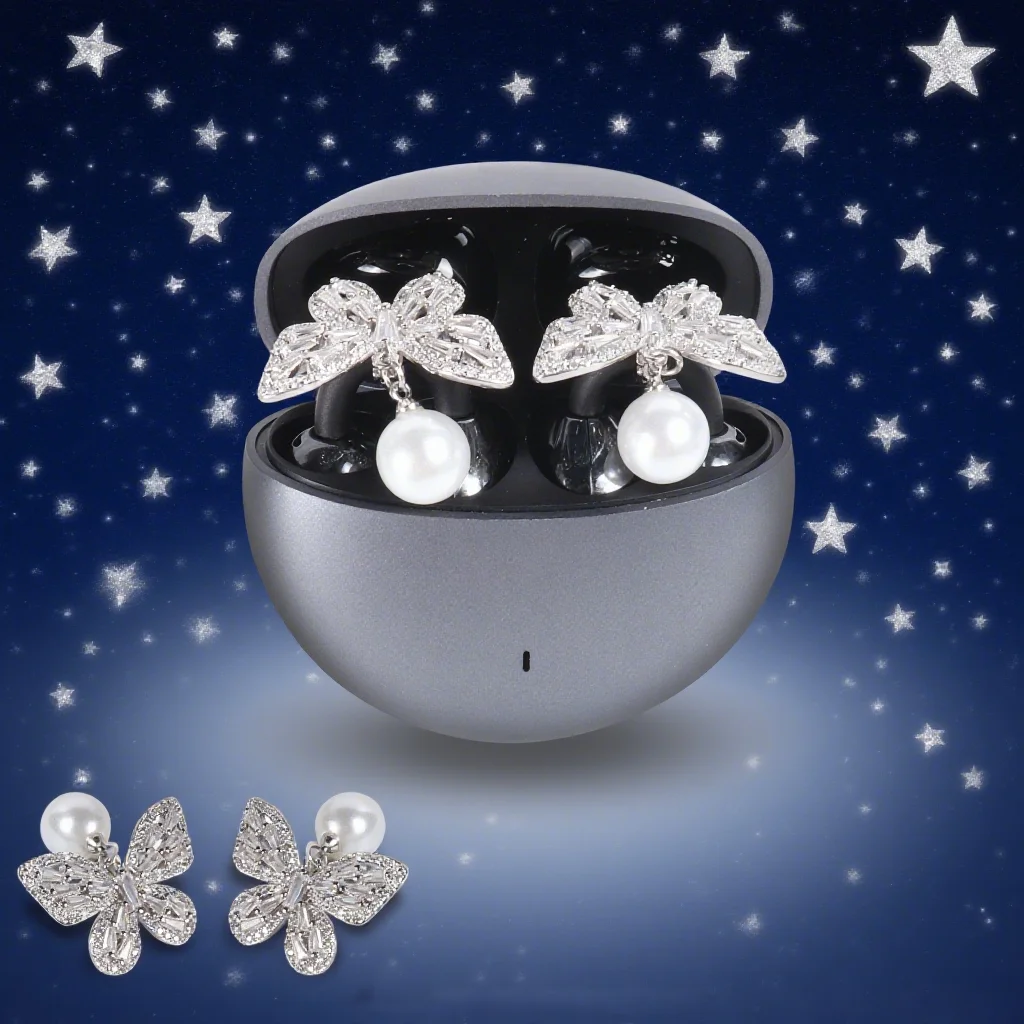 

Ear Clip Wireless Bluetooth Headphones+Diamond Bow Earphone Accessories Ai Noise Reduction 48h Battery Life Girl's Earphones