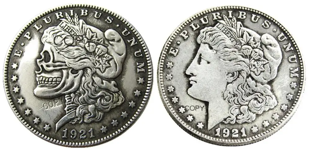 US Hobo Head-To-Head Two Face 1921/1921 Morgan Dollar skull zombie skeleton Silver Plated Copy Coins