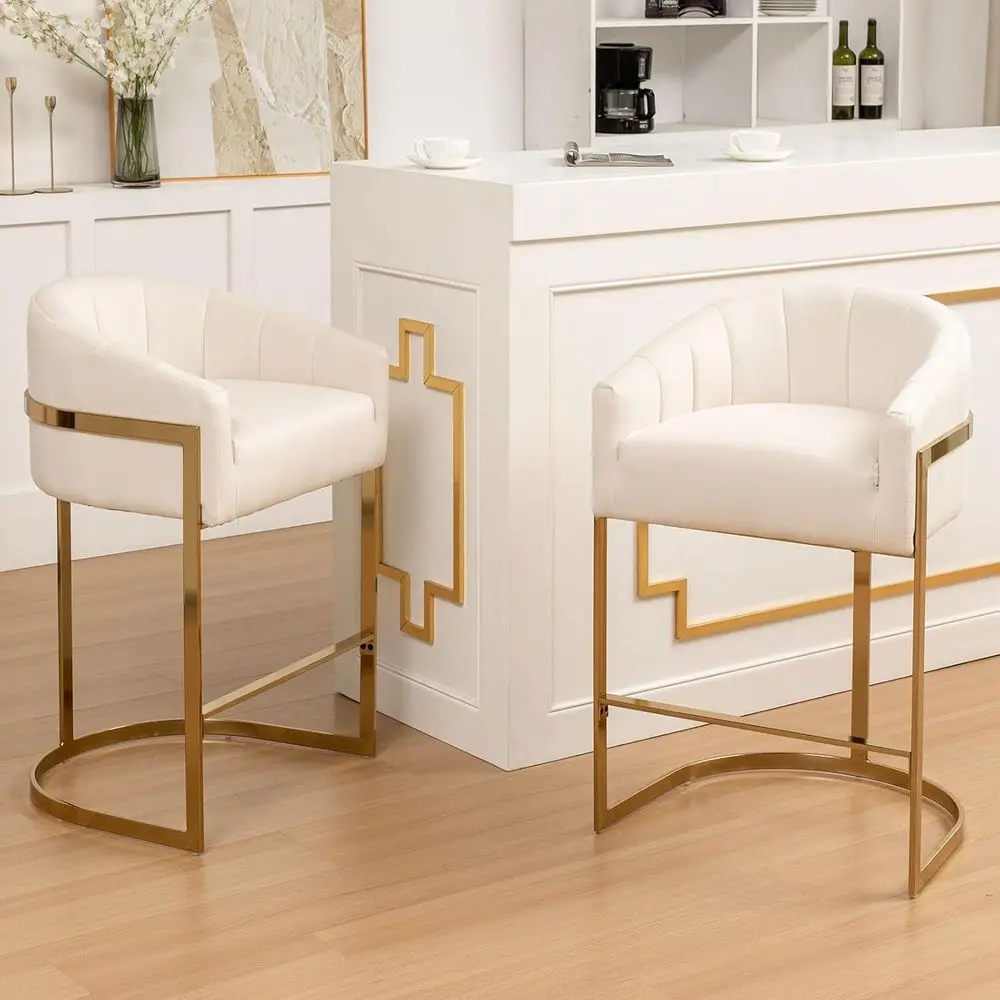 

Комплект из 2 высоких барных стульев с изогнутой спинкой, обивка из золотистого бархата, удобная спинка, бежевый цвет