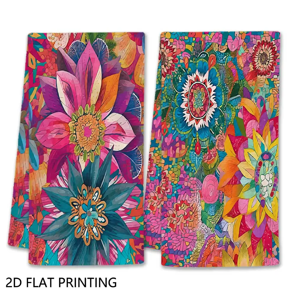 Jit 2pcs Bohemian Bright Floral Mandala Pattern Dish Towels For Home Kitchen Art Table Decor