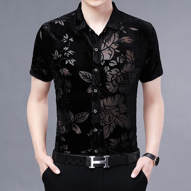 New 2021 Sexy Maple Flower Shirt For Men Fashion Transparent Black Shirt Spring Summer Plus Size Office Party Casual Shirt Top