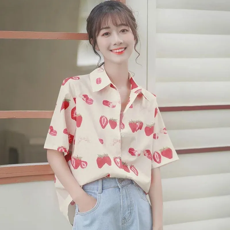 Summer Sweet Girl Pink Strawberry Full Print Blouse Graphic Button Up Shirt Kawaii Clothes Japan Korean Fashion Short Sleeve Top