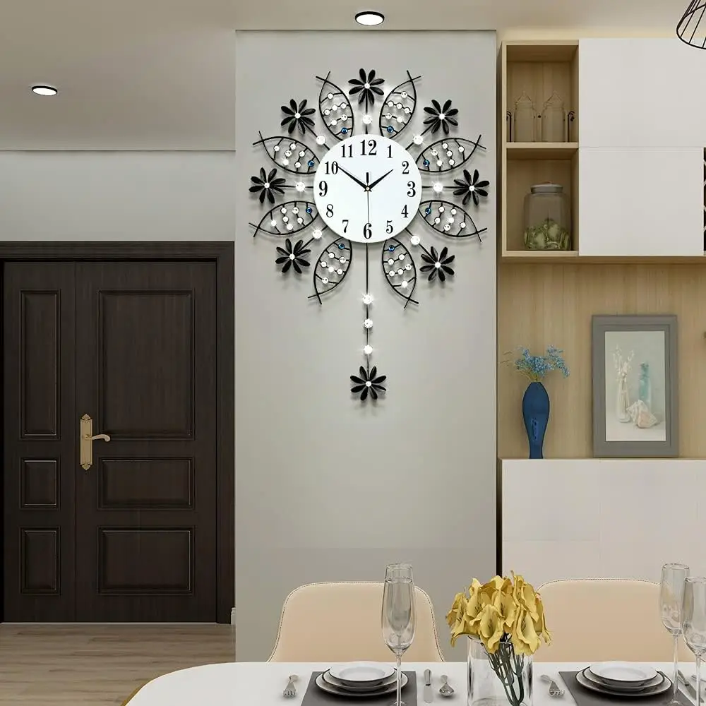 Silent Large Crystal Wall Clock, Decorative Accent for Living Room Decor
