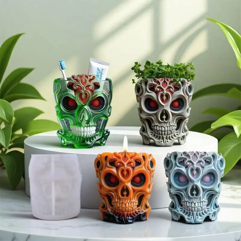 

91AF Skull Planter Silicone Mold for Crafts Jewelry Making Holder Pot with Smooth Surfaces Flexible Design