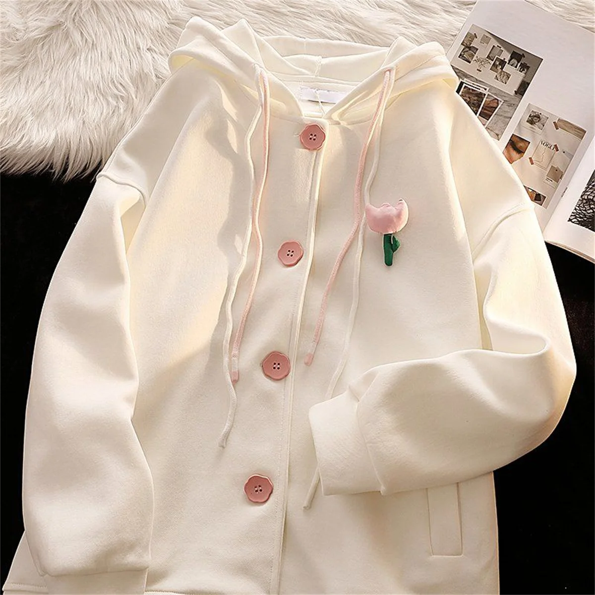 2025 플러스 사이즈 봄 가을 의상 단색 싱글 버튼 후드 코트 캐주얼 패션 트렌드 다용도 레이지 윈드