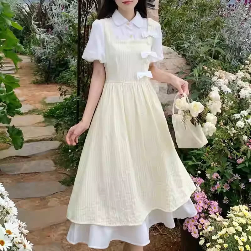 Tamanho grande suave menina verão emenda faculdade vestidos xadrez japonês falso de duas peças reduzindo a idade doce lolita moda vestido