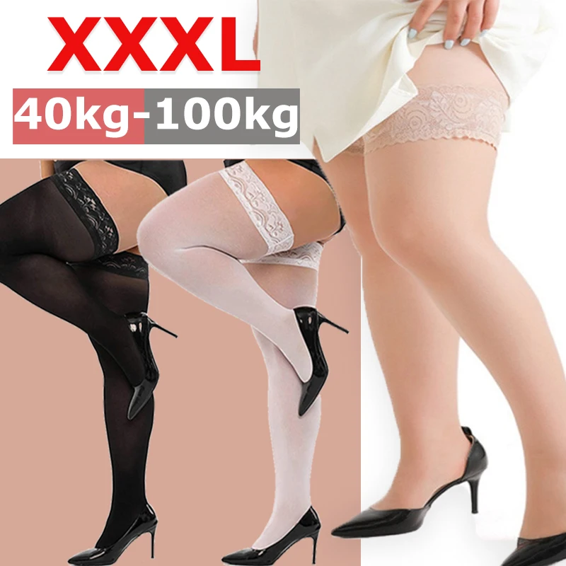 Women Sexy Thigh Long Socks Plus Size Stockings Black White Lace Top Over Knee High Elastic Stockings with Silicone Anti-slip