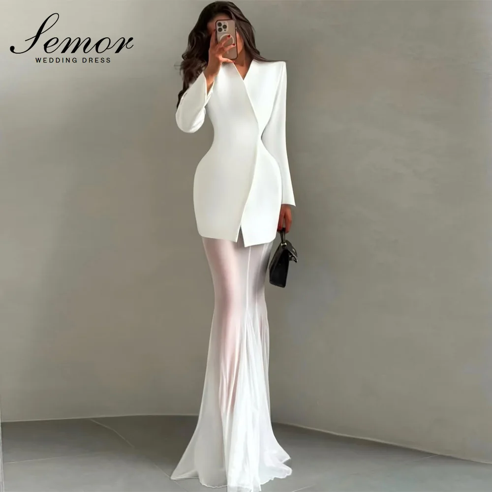 Semor Chic V-Neck Mermaid Wedding Party Dresses 2026 Full Sleeve Stain Chiffon Customized Prom Gown Saudi Arabia Formal Occasion