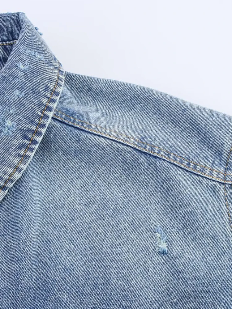 منتجات صيفية جديدة على الطراز الأوروبي والأمريكي ملابس نسائية بفتحة قصيرة من قماش الدنيم وسترة جينز مستقيمة متوسطة الخصر #4