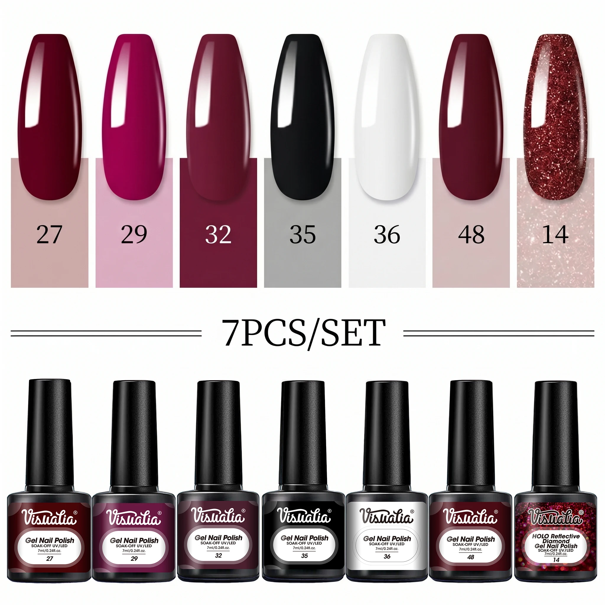 Visuatia Gel Nail Polish, with 7 color options available, featuring popular shades such as wine red, rose red, classic black and