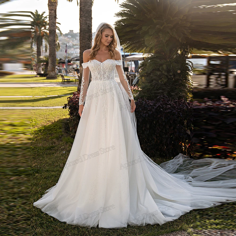 クラシックウェディングドレス A ラインチュールティアードブライダルドレスレースアップリケオフショルダーグラマラス Vestidos デノビアカスタマイズ