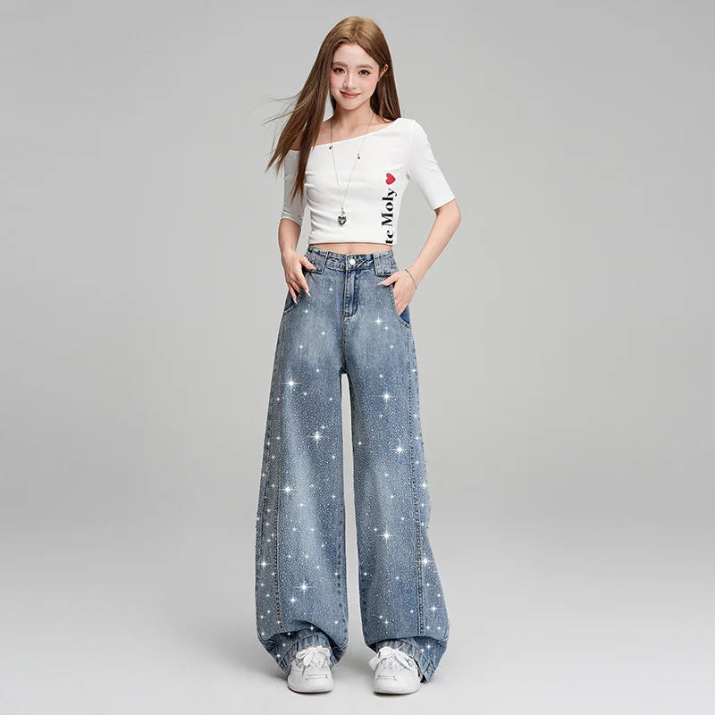 Women's Straight Leg Denim Pants High Waisted Baggy Wide Leg Bling Jeans Casual Sparkly Harem Jeans for Streetwear