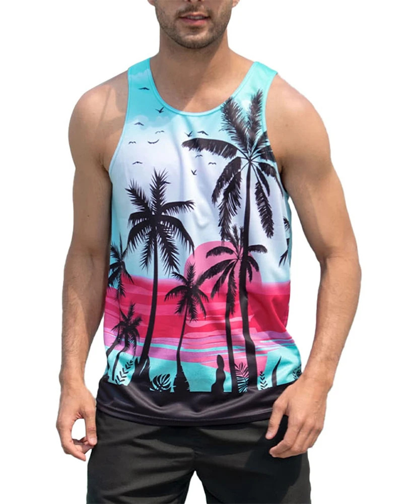 

Coconut Tree Pattern Tanks Tops Sleeveless Round-Neck Street Style 3D Print Vest 6XL Plus Size Man Clothing Loose Casual Top