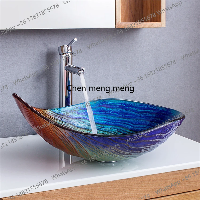 Lavabo de baño, encimera, lavabo de vidrio templado, juego de grifería para el hogar, forma de gota de agua pequeña, arte sobre el lavabo del mostrador