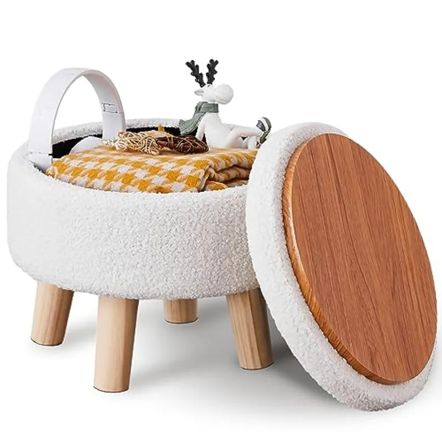 

Storage Ottoman Modern Round Footrest with Soft Padded Seat Teddy Velvet Footstool with Wood Legs Accent Small Table or Plant S