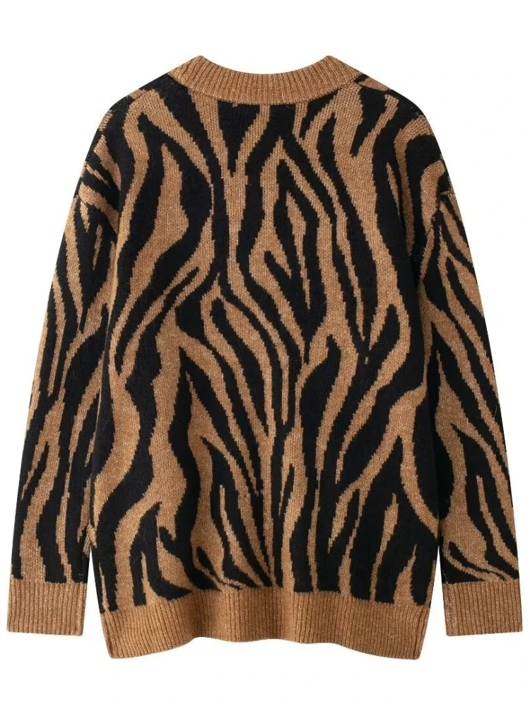 Women's Animal Print Jacquard Knit Cardigan V-neck Long Sleeves Rib Trim Pockets Elasticated Hem Sweater Fall Winter Chic Coat