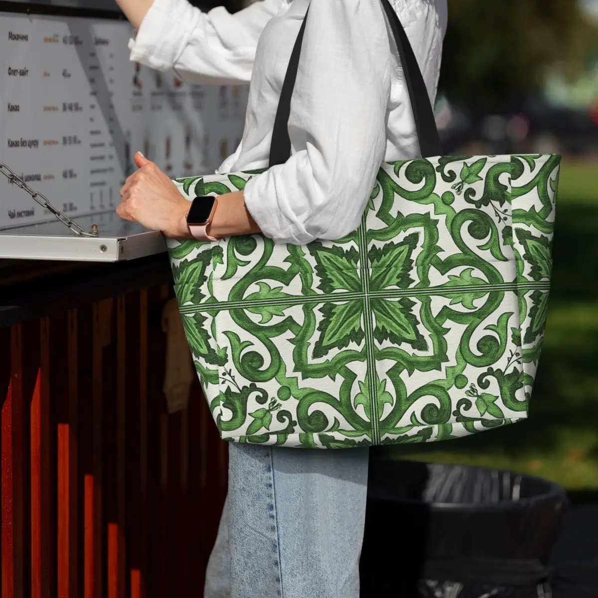 

Green Ornate Floral Mediterranean Sicilian Tile Beach Tote Bag Sport Gym Yoga Duffle Large Tote Bag Women Travel Bag Fitness bag