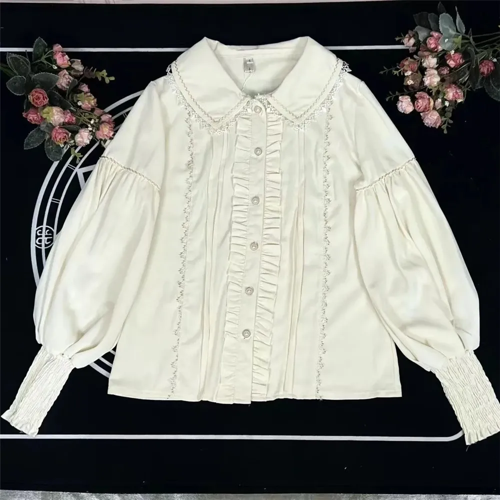 

Sweet Lolita Style Blouses Women Kawaii Peter Pan Collar Lace Ruffles Shirts Girls Vintage Gothic Lantern Sleeve Blusas Mujer