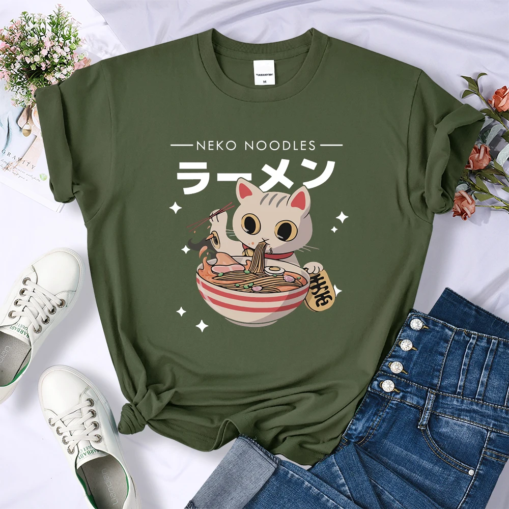 Harajuku Cat Neko Noodles Ramen Tee Shirts Summer Breathable Clothing Crewneck Women Personality Tops Fashionable Loose T-Shirt