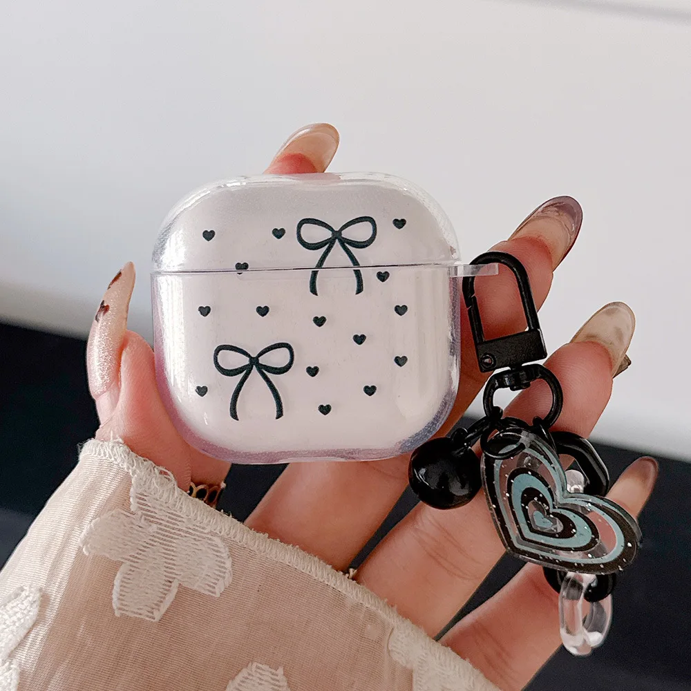 

Black Bow Earphone Case For Airpods 1 2 3 4 Pro 2 3 Cute Wireless Bluetooth Headset Protective Cover With Pendant