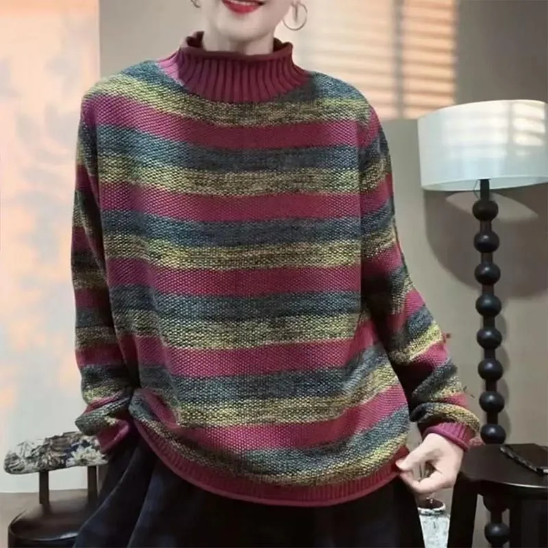 

Women's Clothing Vintage All-match Half High Collar Knit Pullovers Autumn Winter Casual Loose Sweaters Long Sleeve Striped Tops