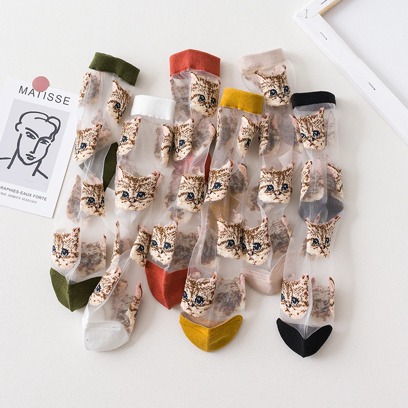 

Women Transparent Cute Cat Socks Korean Fashion Ladies Summer Thin Crystal Silk Socks JapaneseTrendy Kawaii Glass Fiber Socks
