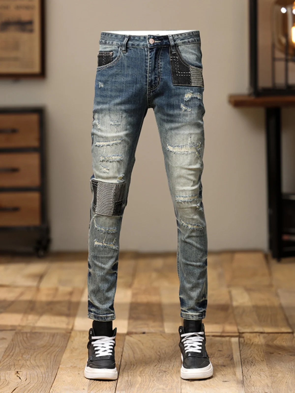 

Модные мужские джинсы в стиле пэчворк, осенне-зимние повседневные эластичные леггинсы, узкие прямые брюки, износостойкие, из хлопкового стрейч-денима
