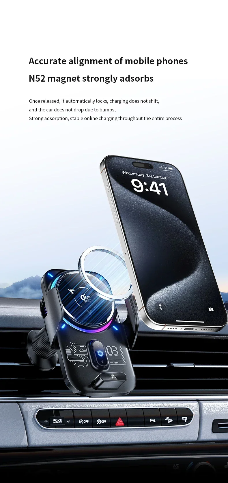 2-in-1 Magnetisches Qi2 25W Kabelloses Ladegerät Auto-Handyhalterung ICE-Kühlung Auto-Induktion RGB-Licht für iPhone 17 Samsung S25 Ultra – Detail 8