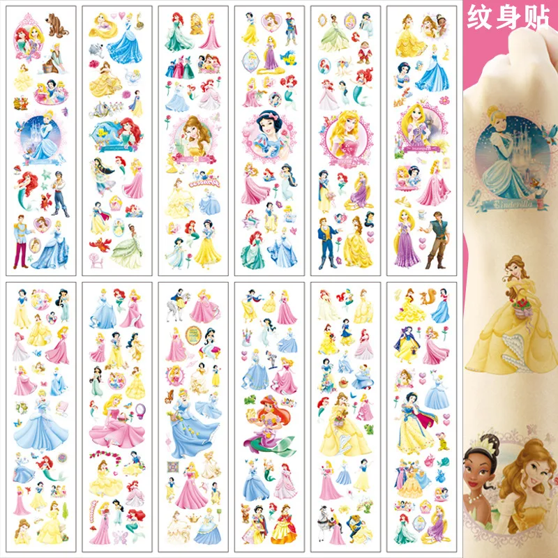 New Disney Princess Tattoo Sticker Cartoon Snow White Belle Ariel Figure Sticker Toy for Girls Children Birthday Party Gift