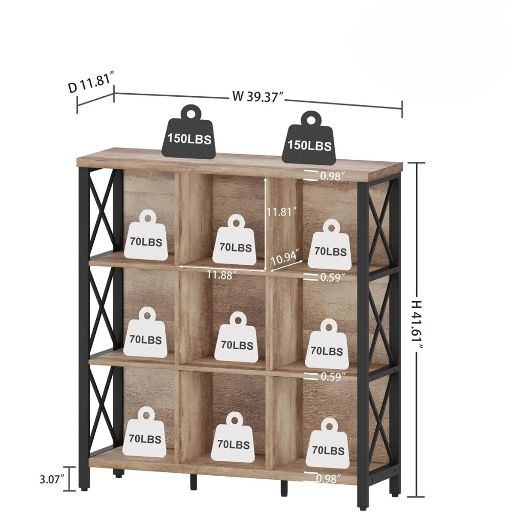 Bookshelf,9-cubic storage industrial bookshelf, farmhouse country oak, metal frame, 39.37 inches wide,Bookshelf.