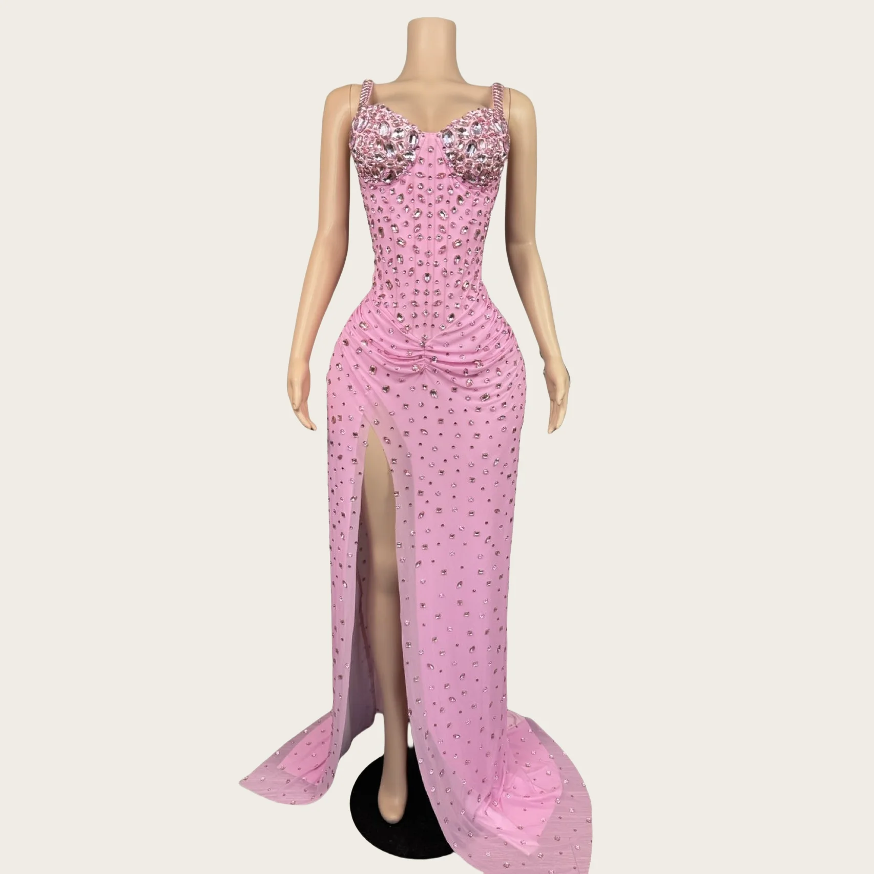 

Yinghua Women Sparkly Crystals High Side Slits Pink Dress Celebrity Luxury Evening Gown Cocktail Night Prom Floor-length Dress