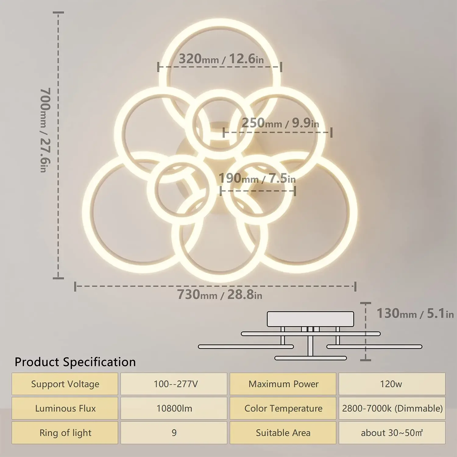 Lampu Langit-langit Modern 9 Cincin Led Chandelier Dimmable Remote Control untuk Ruang Tamu Ruang Makan Kamar Tidur Perlengkapan Dekorasi