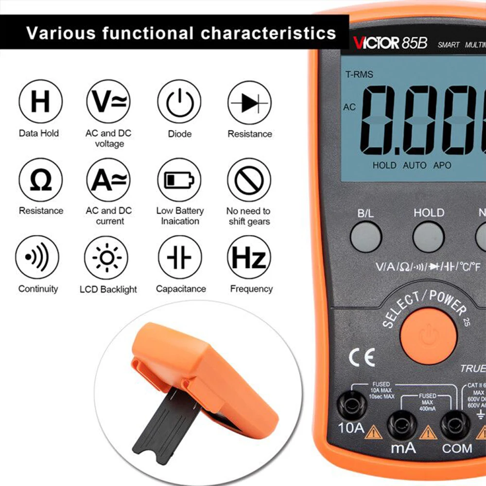 Imagem -04 - Victor-multímetro Digital de Alta Precisão Automático Inteligente Multifunções Anti-queimadura Amperímetro Tensão Corrente Ohm Tester 85a