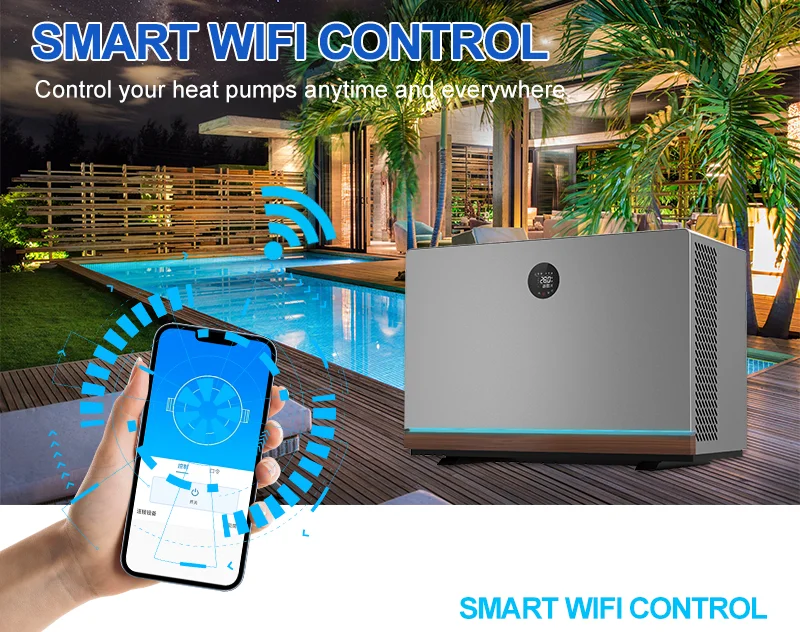 عالية الكفاءة الذكية واي فاي R32 مصدر الهواء مضخة الحرارة تعمل بالطاقة الكهربائية التيتانيوم مضخة الحرارة لحمامات السباحة في الهواء الطلق الفندق A +++