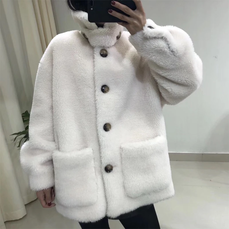 2023 Winter Thicken Warm Teddy Fur Jacket Women Casual Fashion Lamb Faux Fur Overcoat Fluffy Top Stand Collar Buttons Outwear