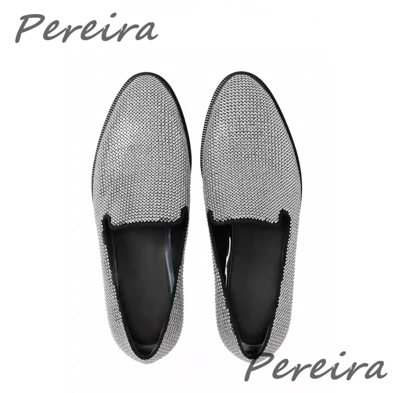 

Rhinestone Wedding Men's Shoes Silver Black Genuine Leather Business Dress Shoes Pointed Toe Shallow Party Banquet Flat Loafers