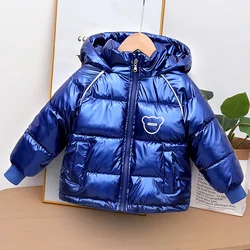 Winter New Boys Thick Jacket Cartoon Bear Glossy Antifouling Lining Plus Velvet Keep Warm Hooded Snowsuit For 2-6 Years