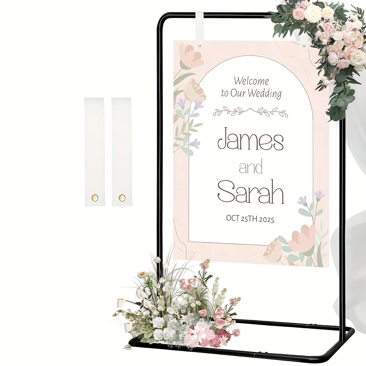 

Wedding Sign Holder Adjustable Arch Welcome to Our Wedding Sign Stand with Leather Sign Hanging Straps Heavy Duty Easel Stand fo