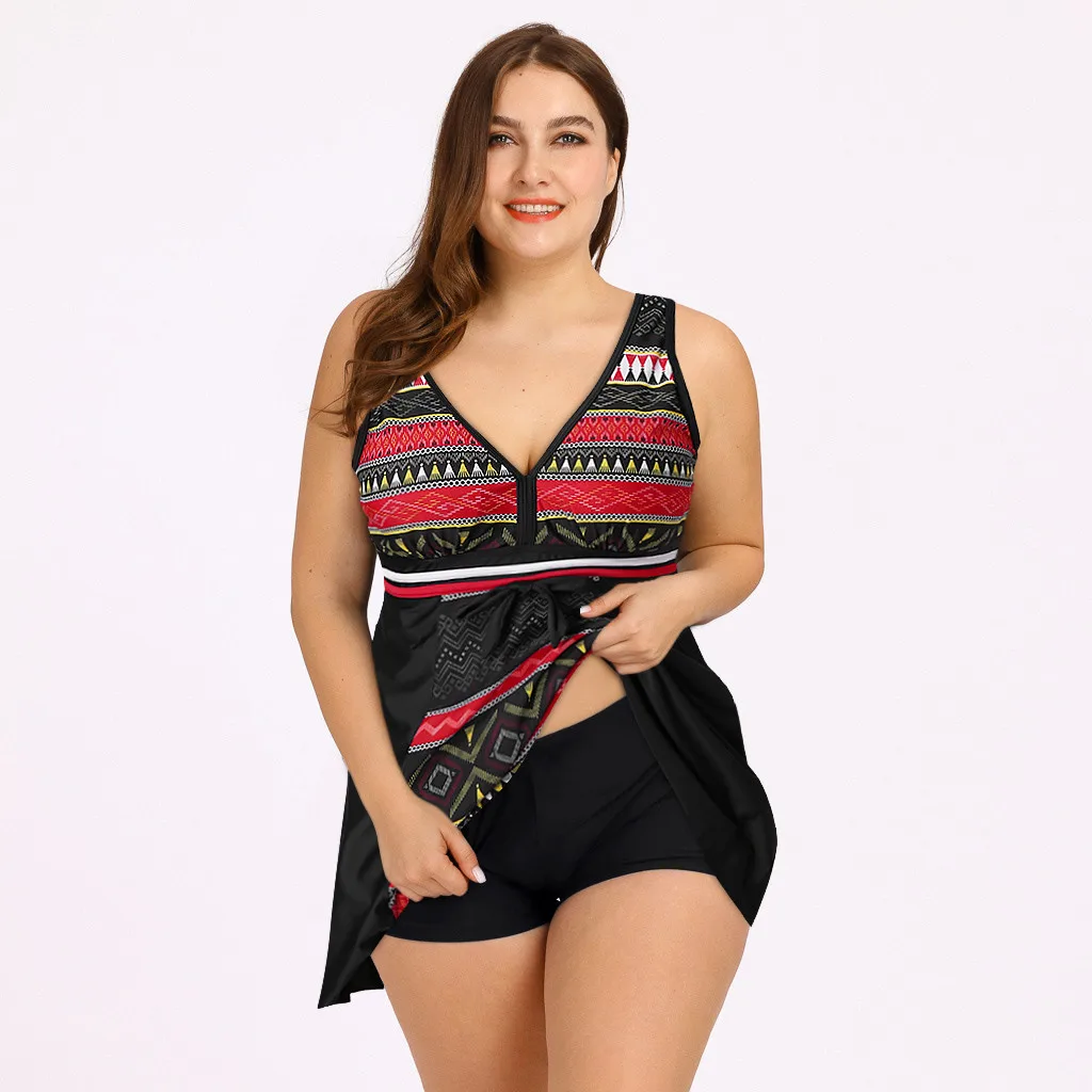 Women Swimsuit Ethnic Plus Size Print Two Piece Set Sexy Vintage Summer Swiming Beach Swimwear Female Sexy Bkini Tankini