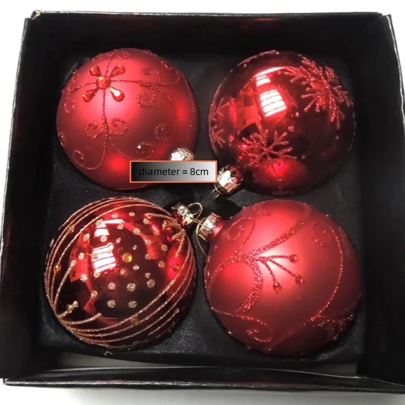 Handmade Red Glass Ball Four Different Design Christmas Day Tree Hanging Globe Pendant Free Shipping 8pcs/pack Diameter=8cm