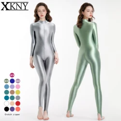 XCKNY Satin Glossy One Piece bodysuit Sexy Oil High Neck Long Sleeve Full body Tight Pants Double End Zipper Silk leotard