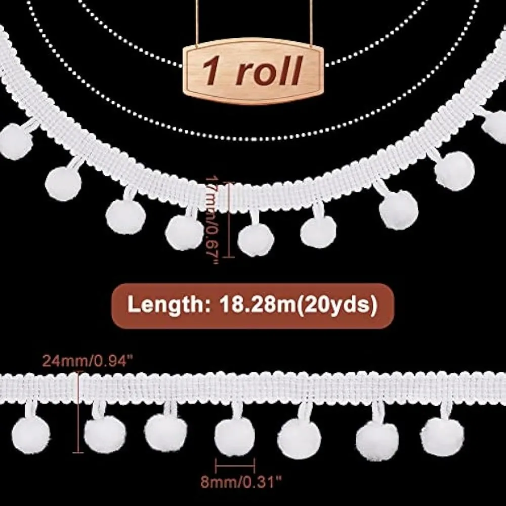 22 Yards Pom Poms Balls Fringe Trim, 24mm Trim Fringe White Sewing Ribbon Crafts Pompoms Tassel Lace for Sewing Pillow Clothing