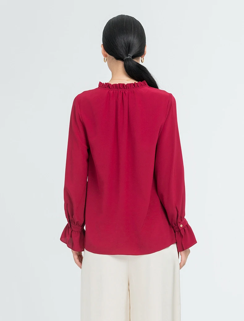 Ruffled Collar Crep Silk Shirt